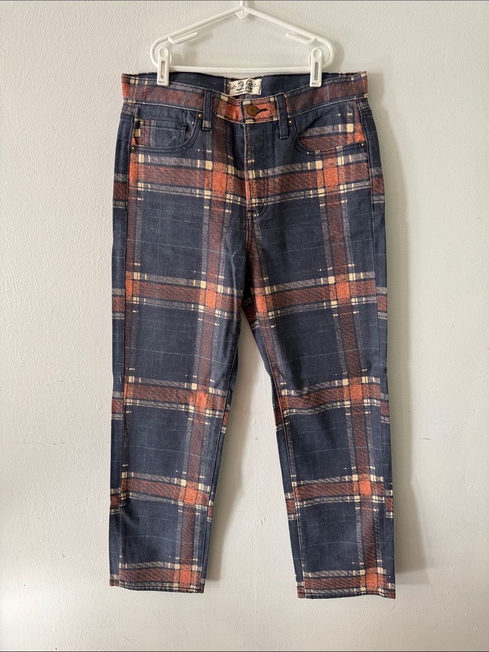 We The Free Blue and Orange Plaid Straight Jeans Sz 28